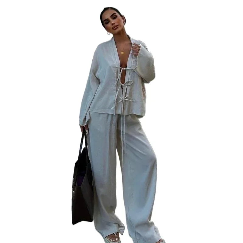 Fashionable Tie Shirt Trouser Suit 2024 Summer New Style Casual Ensemble 2piece Femme Set Woman 2 Pieces Chic and Elegant Pants