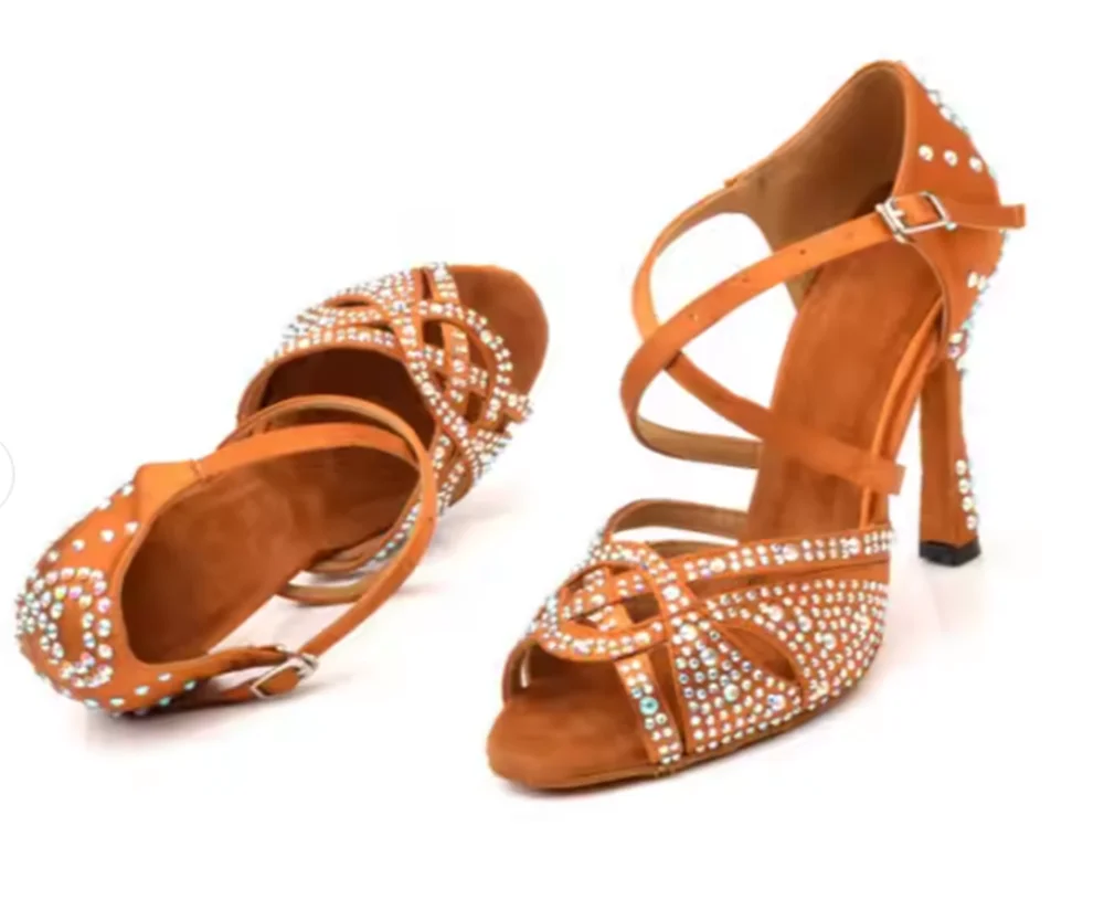 Practice Dance Shoes Women Salsa Latin Dance Shoes Tan Rhinestone Ballroom Dance Girls Sandal Wedding Party Dancing Boots Shoes