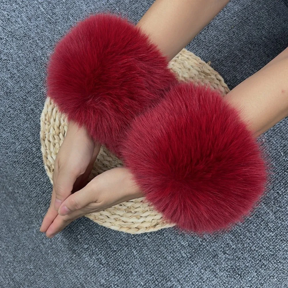 1 Pair Trendy Fluffy Faux Fox Fur Cuffs Detachable Sleeve Removable Arm Warmers Windproof Soft Furry Gloves Cuffs Women