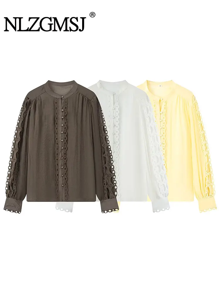 

NLZGMSJ Casual Women Lace Decoration Blouse O Neck Pockets Single Breasted Long Sleeve Blouse Fashion 2025 Autumn Shirts