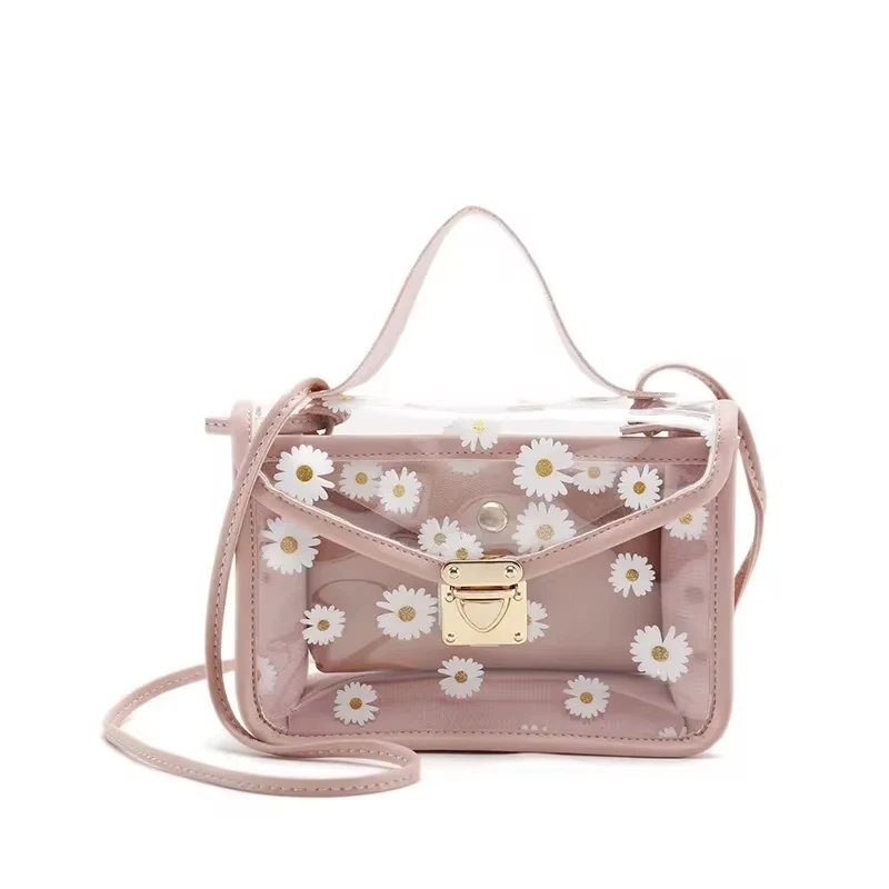 Mode Vrouwen Transparant Daisy Patroon Schoudertas Hardware Kettingband Color Block Messenger Handtas Composiet Draagtas