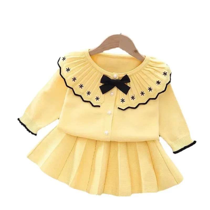 Girls\' Knitted Two-piece Set Bowknot Floral Embroidery Golilla Knitted Pullover+pleated Skirt Toddler Girl Cardigan Girls Kids