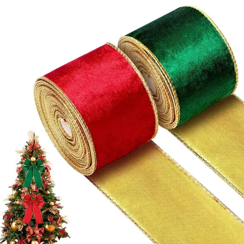 2 Rolls Christmas Tree Ribbon Christmas Craft Fabric Ribbons Velvet And Satin Reversible 2.5in X 5 Yards Holiday Party Favors