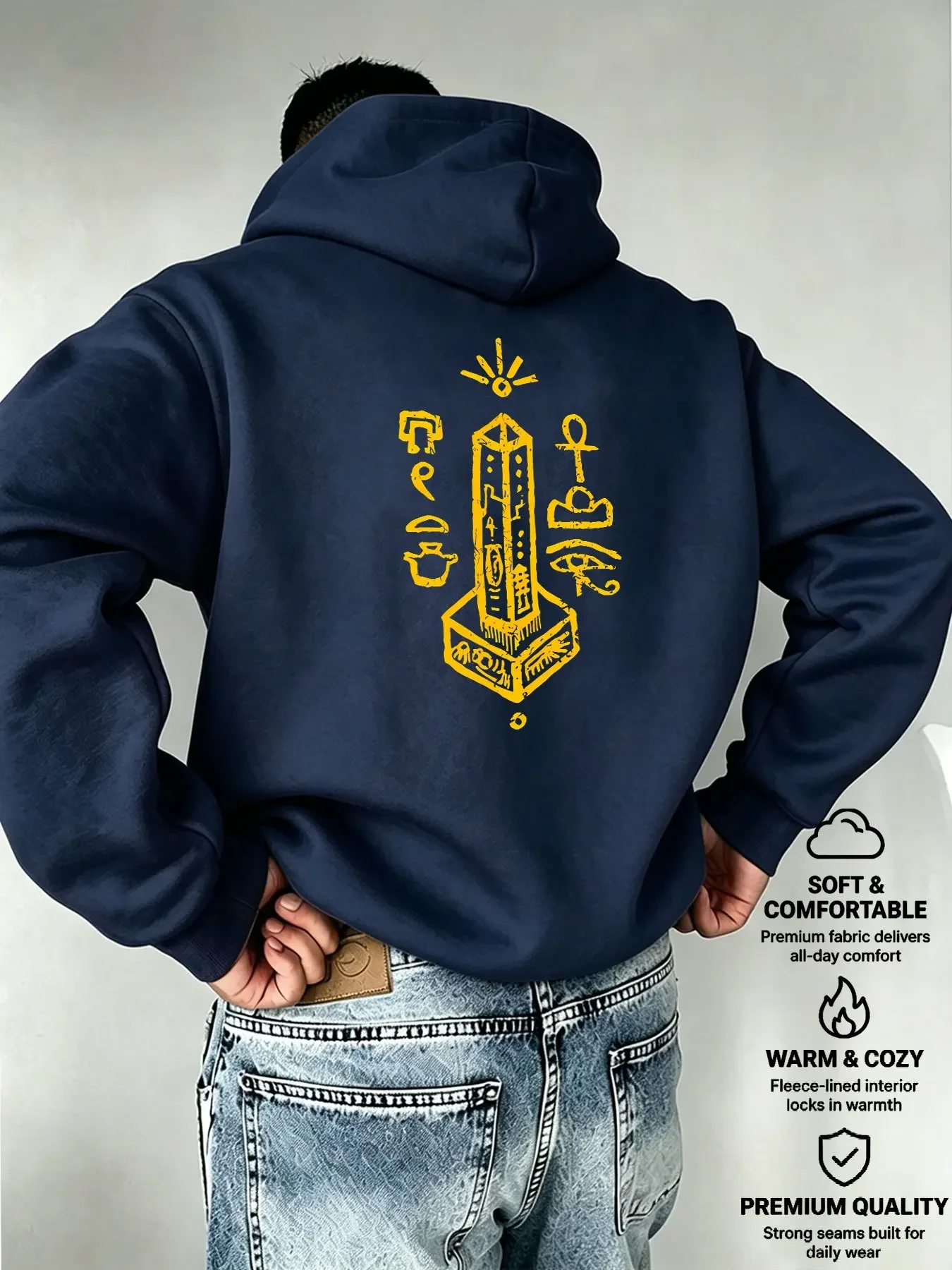 Ancient Egypt Eye of Horus Ankh Symbol Distressed Yellow Graphic Back Printed Black Streetwear Hoodies