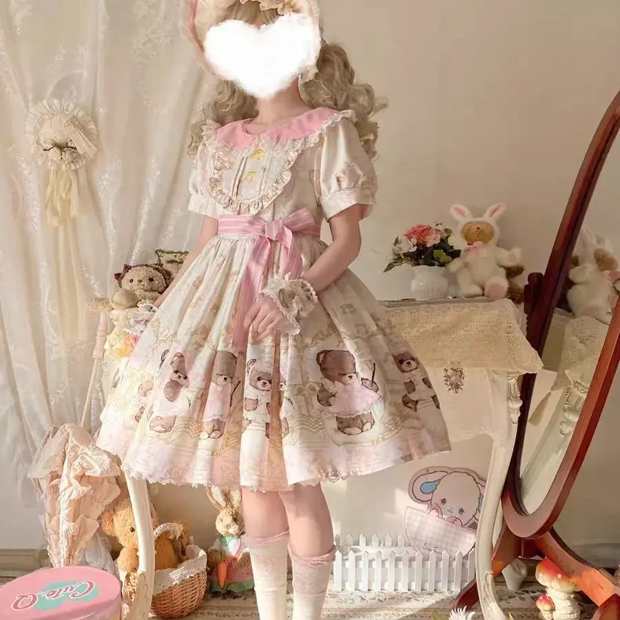 

【Мишка-концерт OP】Сладкое оригинальное платье Лолиты с коротким рукавом женское кавайное платье с принтом медведя кукольный воротник с бантом кружевные вечерние платья принцессы