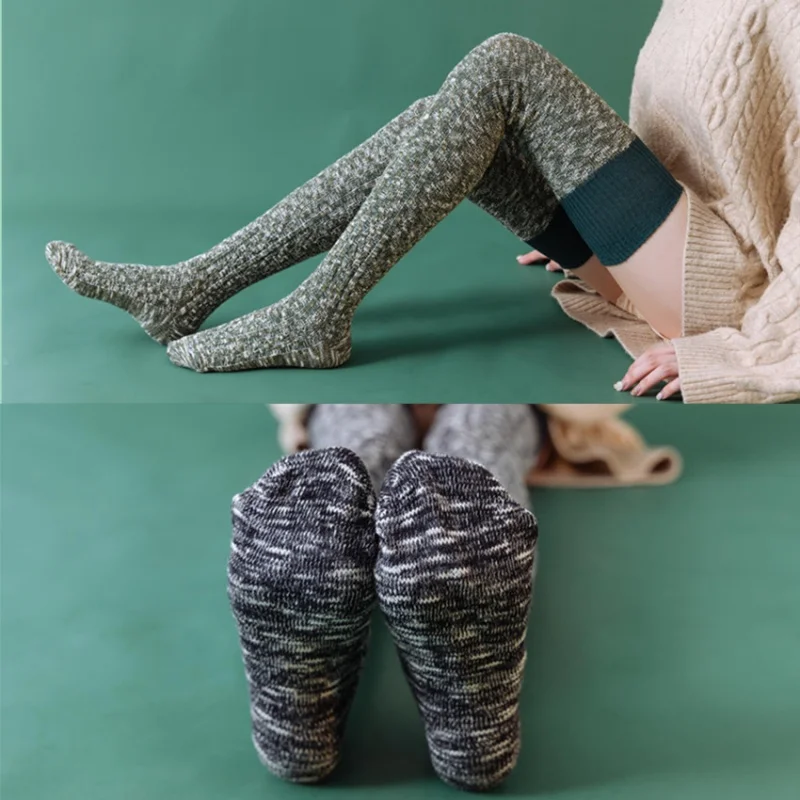 Autumn and Winter New Thick Thread Stockings Cotton Socks Women's Color Matching Hold-Ups Thigh High Socks