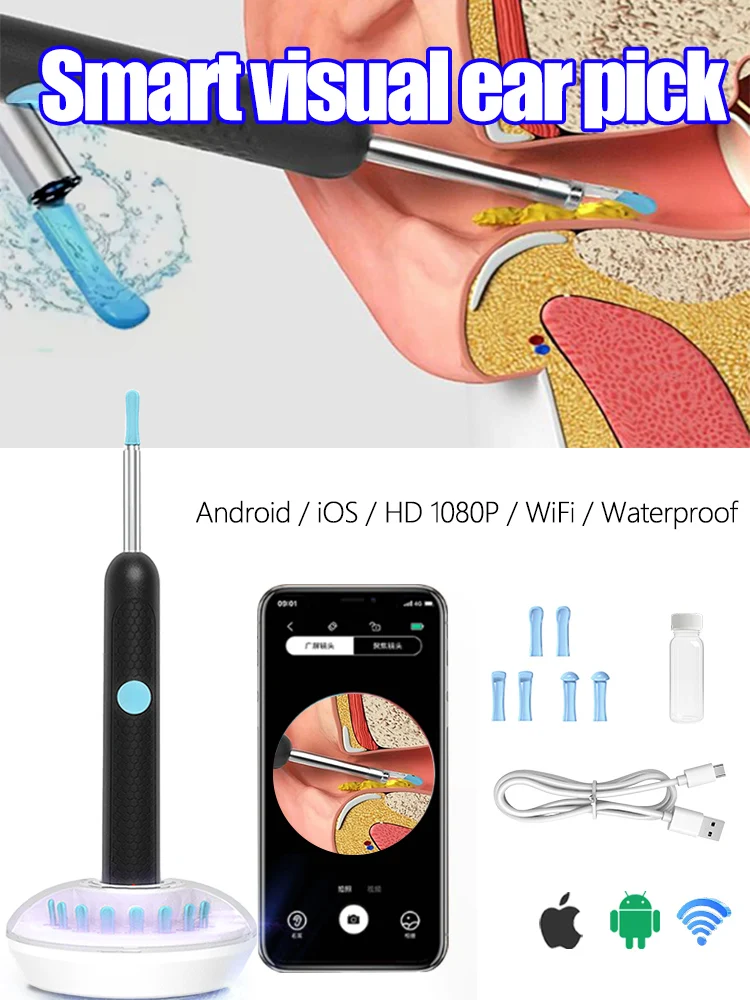 

Smart visual ear pick with waterproof camera soft silicone LED lighting mobile app connection, charging and storage compartment