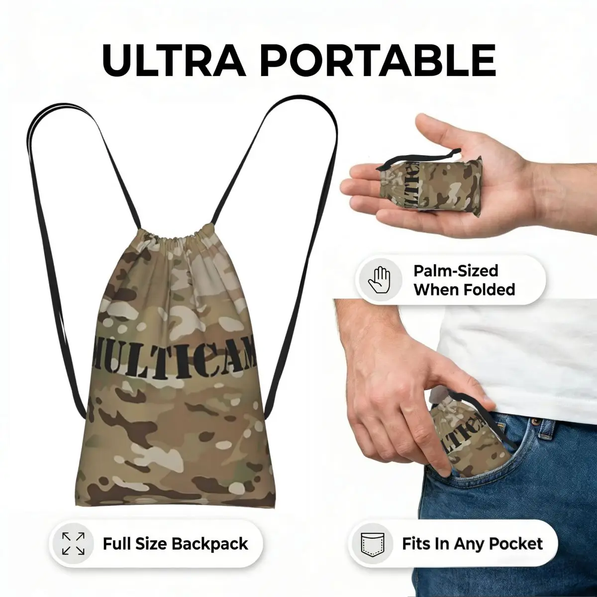 Multicam Military Trout Camo Drawstring Backpack Sports Gym Bag Portable Travel Drawstring Bag for Men Women