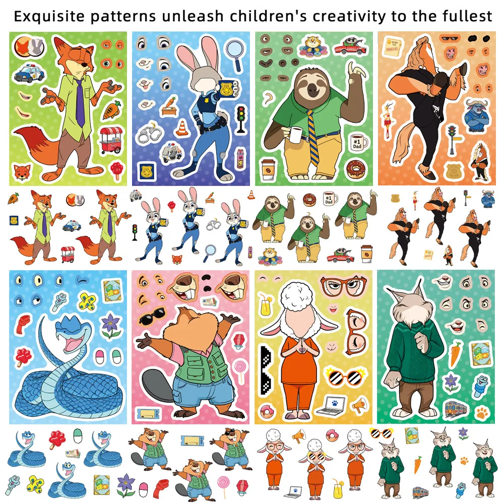 

8/16Sheets New Zootopia 2 Disney Movie Make a Face Puzzle Sticker Children's Puzzle Game Stickers DIY Luggage Phone Cup Kid Toys