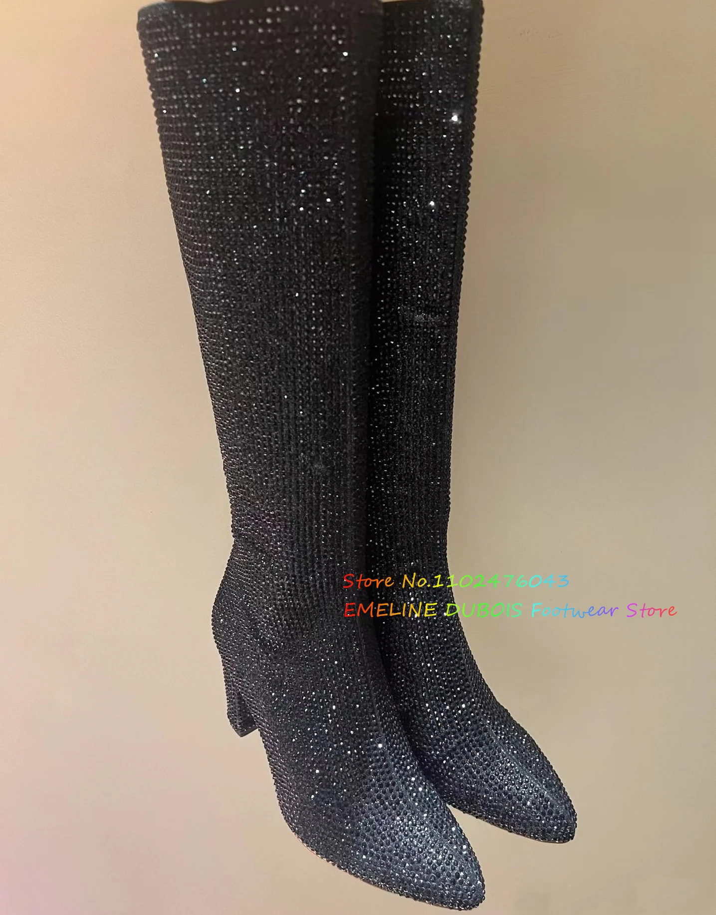 Full Diamond Side Zipper High Heel Boots Women Sexy Silver Crystal Pointed Toe Square Heel Knee High Boots Stage Dress Shoes