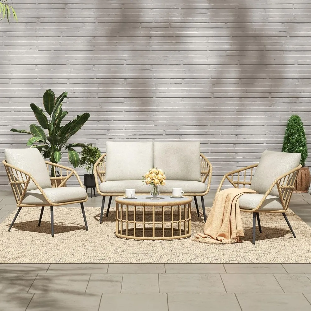 

4 Pieces Outdoor Patio Furniture Set, PE Rattan Wicker Balcony Porch Deck Furniture, Conversation Set Patio Table and Chairs Set