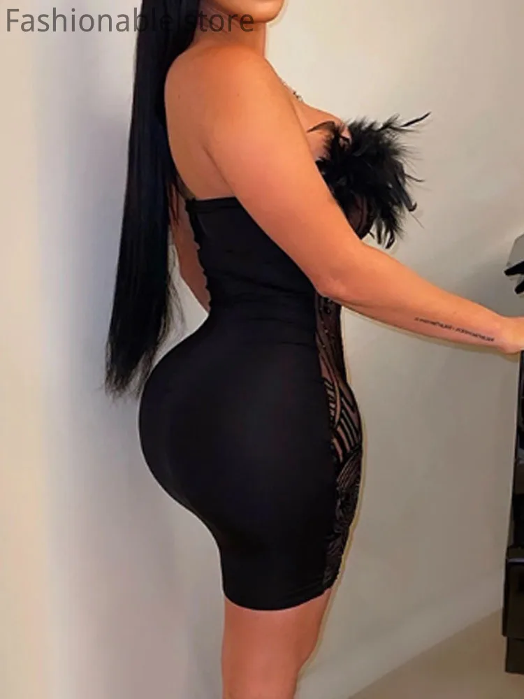Robe de soirée Bandeau Sexy pour femmes, couleur unie, maille transparente, Patchwork, paillettes, plumes, décor