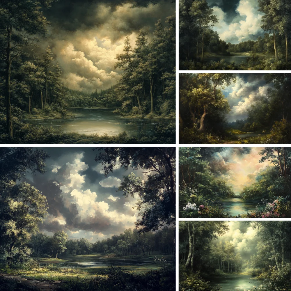 

Retro Abstract Photography Backdrop Forest Oil Painting Green Tree Rural Fields Banner Decorations Background Photo Studio Props