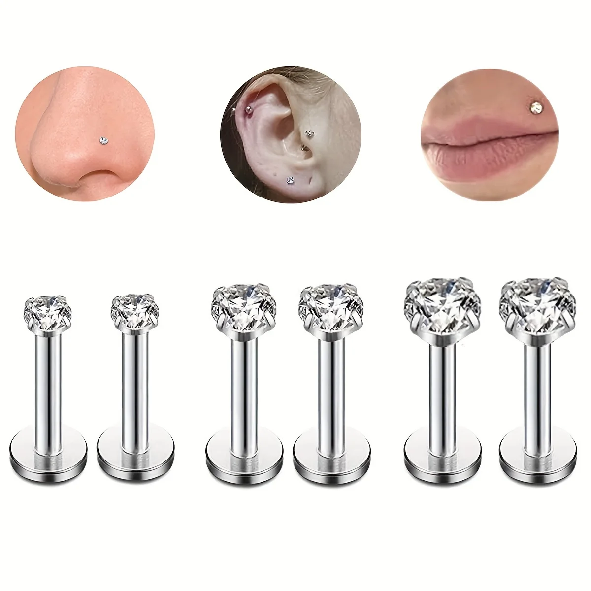 6pcs Stainless Steel 2mm 3mm 4mm Cubic Zirconia Lip Studs Labret Nose Studs Tragus Helix Ear Piercing Jewelry For Women and Men