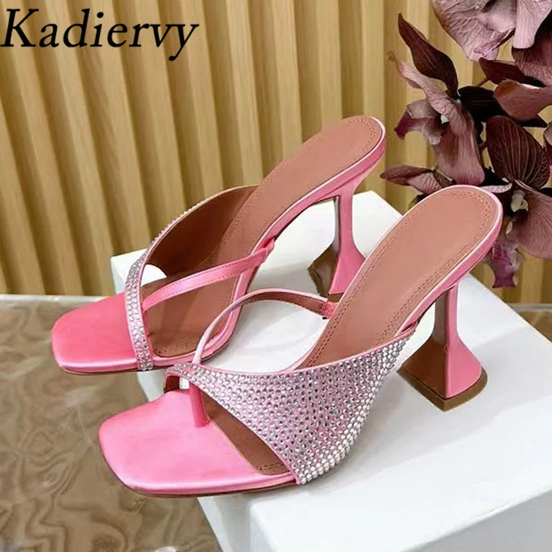 

New High Heels Slippers Women Flip Flops Rhinestone Runway Party Shoes Women Summer Slides Cup Heels Crystal Slipeprs Woman