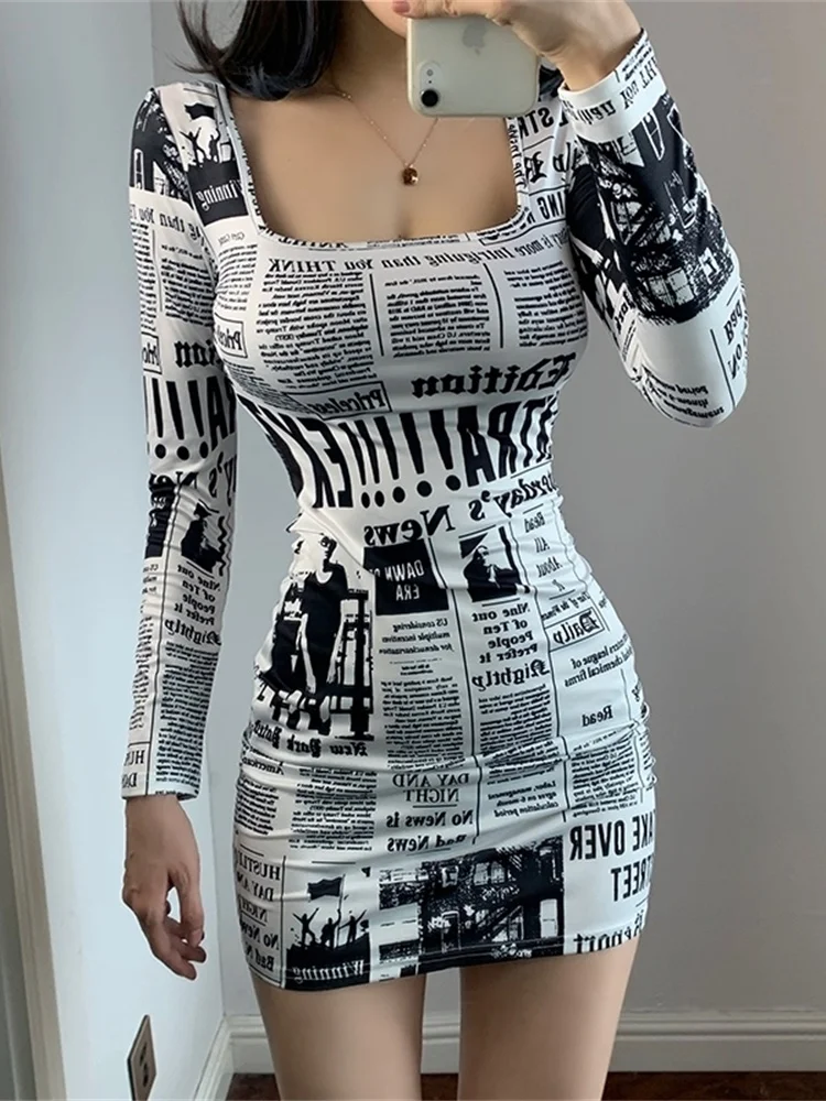 Hot-selling Printed Europe Newspaper Sexy Mini Dress 2020 Autumn New Fashion Street Shooting Slim Girl Female Square Collar ZW0