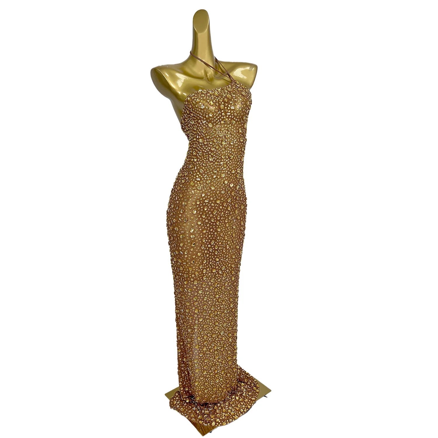 Prachtige gouden strass dames avondjurk sexy hangende nek backless vloer lange jurk bruiloft cocktail feestjurk xingyao