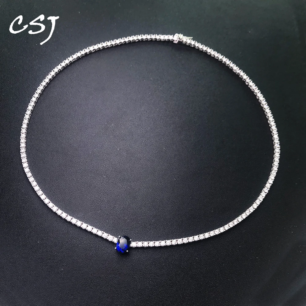 CSJ Real 925 Sterling Silver Tennis Chain Necklace 16/18 Inch Setting Pave Sparkly Zircon 2mm Sapphire for Women Jewelry Gift