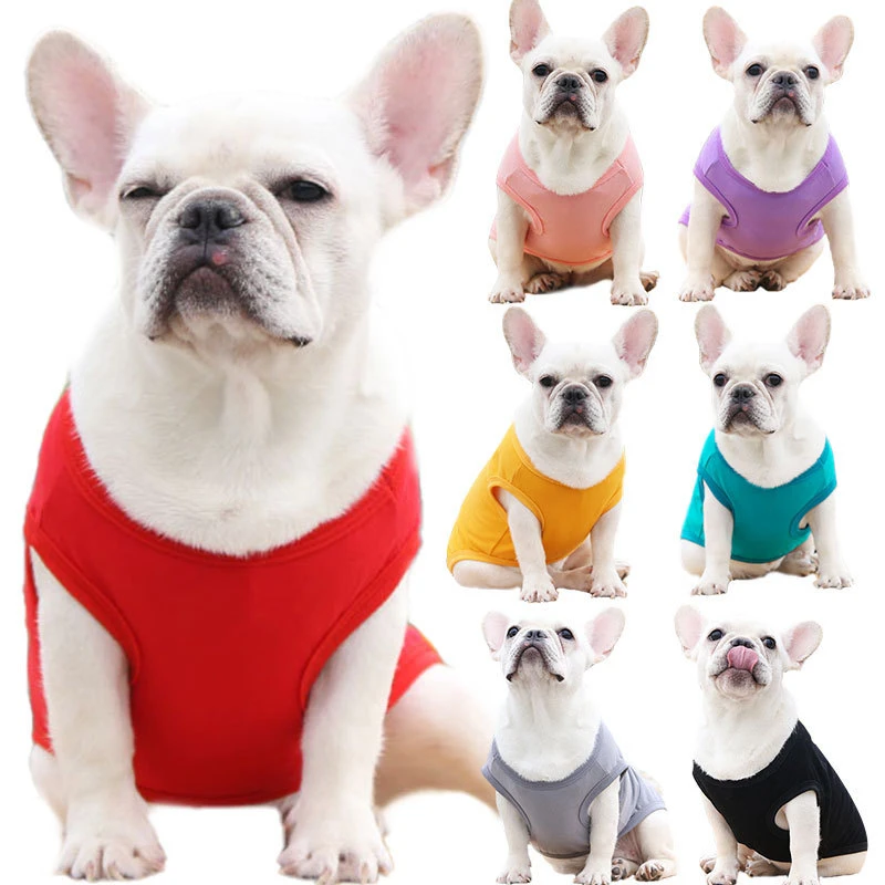 

Solid Color Soft Dog Clothes 100% Cotton Pet Cat Vest Spring Summer French Bulldog Sleeveless Kitten Overalls Pink Pet Clothing