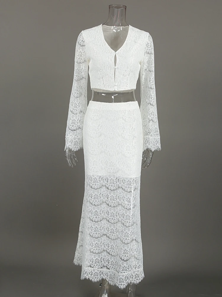 2 Pieces Set Sexy Fashion Women Perspective Female Y2K Long Sleeve Lace Tops And Long Skirt Suit Matching Sets Tracksuits Outfit