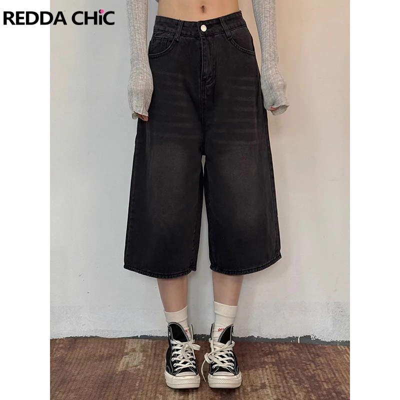 

ReddaChic Solid Black Bermuda Pants Summer Shorts Retro Whiskers Wide Casual Low Waist Jeans Jorts Plus Size Women Streetwear