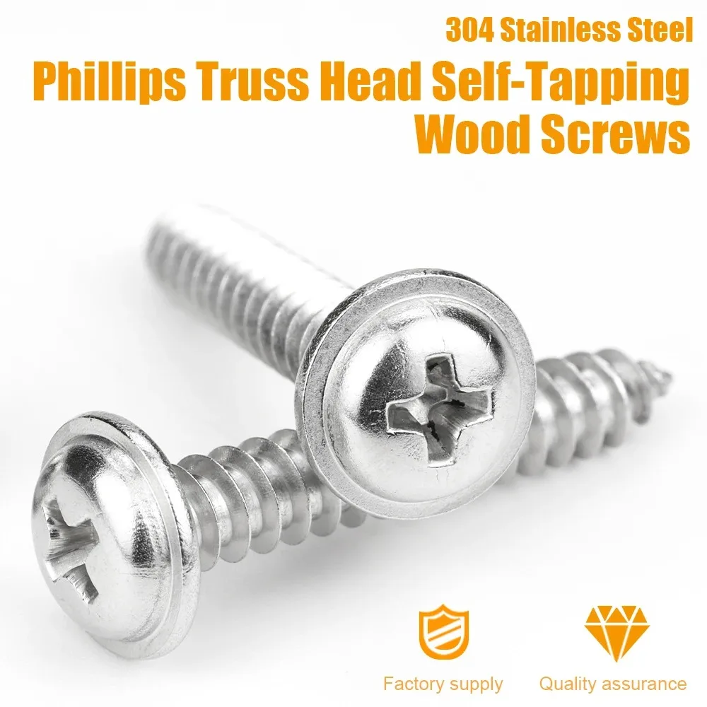 JUIDINTO 10-100 Pcs Phillips Pan Head Washer Tapping Screws Stainless Steel M1.4 M1.7 M2 M3 M4 M5 M6 Cross Round Head Wood Screw