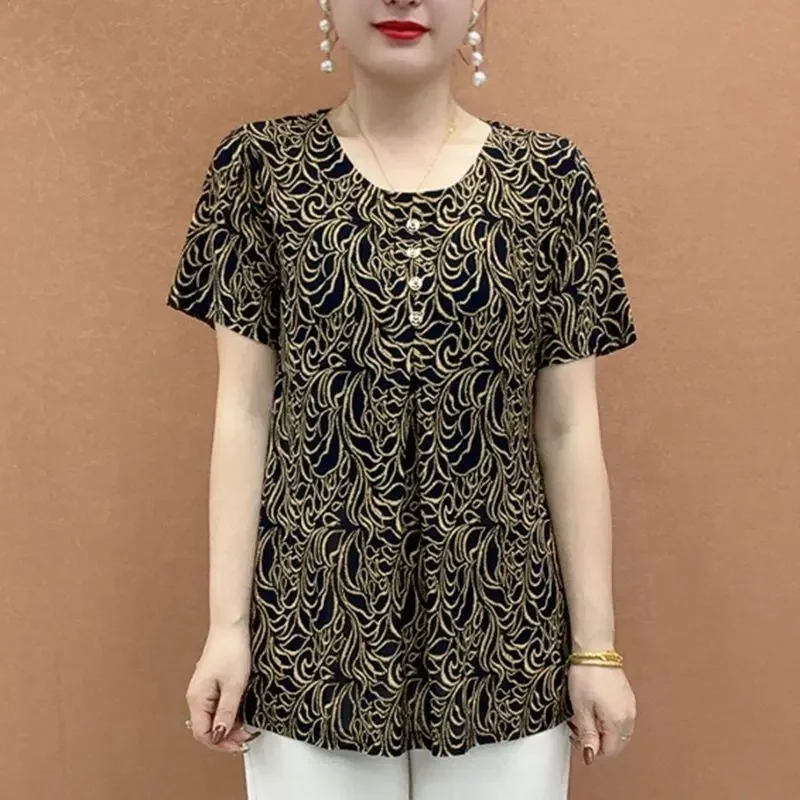 Summer Short-sleeved T-shirt Elderly Women Loose Belly-covering Tops