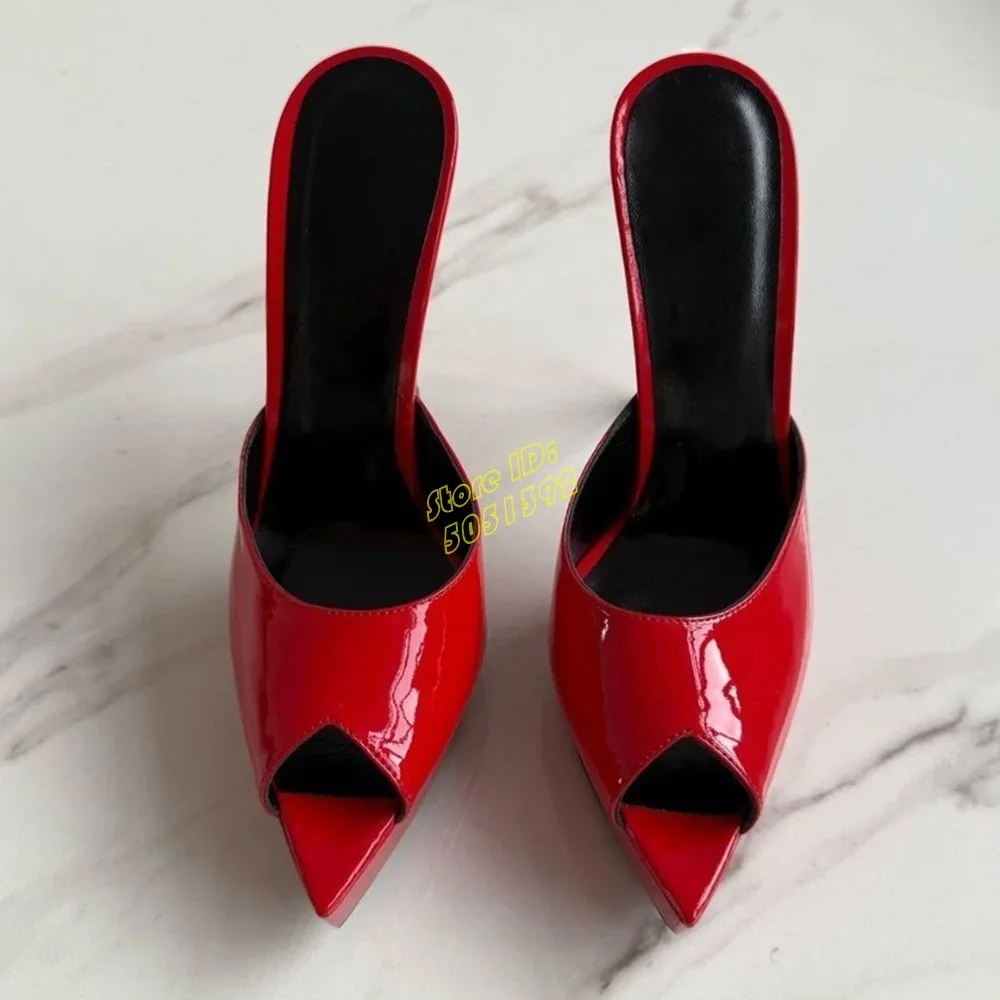 

Red Patent Leahter Platform Slippers Peep Toe Stiletto Thin High Heel Slip On Shallow Runway 2026 Handmade Dress Shoes