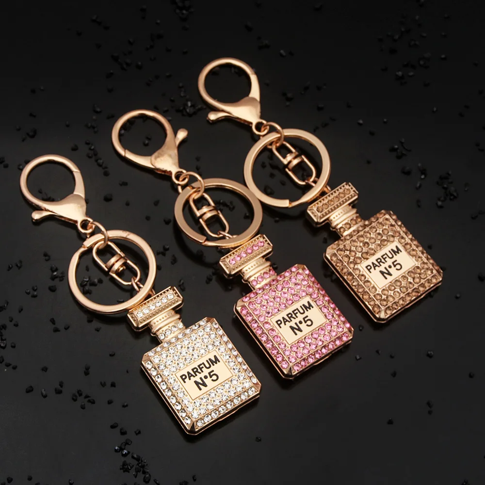 Fashion Rhinestone Perfume Bottle Enamel Keychain Glistening Pendant Senior Sense Backpack Keyring For Woman Jewelry Gifts