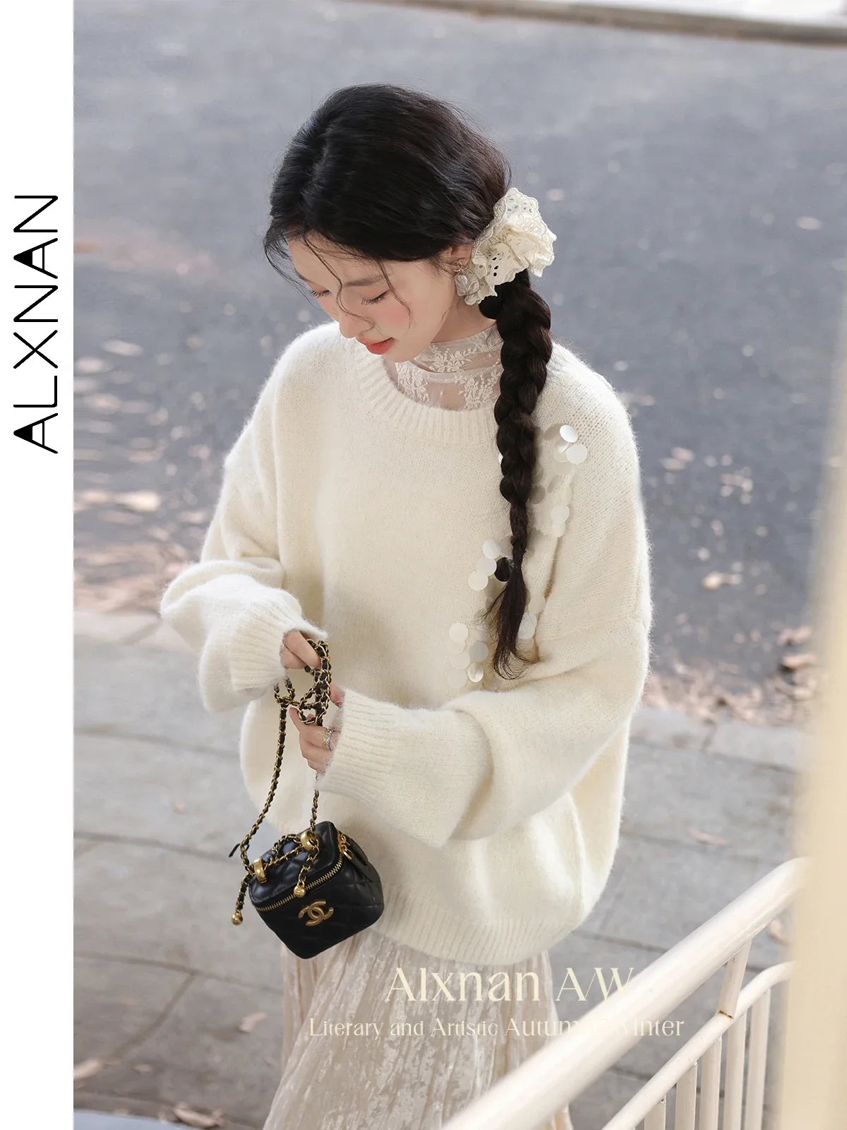 ALXNAN Damski Sweter z Okrągłym Dekoltem, Ozdobiony Brokatem, Dzianinowy Pulower, Nowy, Luźny Krój, Elegancki, Miękki Sweter na Jesień i Zimę L52669