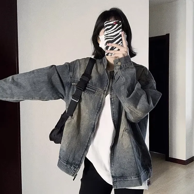

Women Denim Jacket Washed Coat Pockets Zipper Round Collar Distressed Female Autumn Outerwear Streetwear Vintage Overcoat