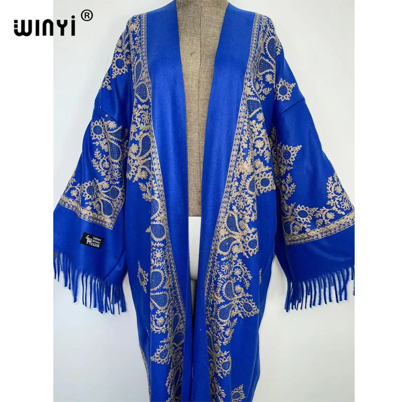 WINYI Winter Women tassel Pashmina haft długi płaszcz luźny, z klapami szata femme gruby ciepły bezpłatny rozmiar bliski wschód kobieta KIMONO