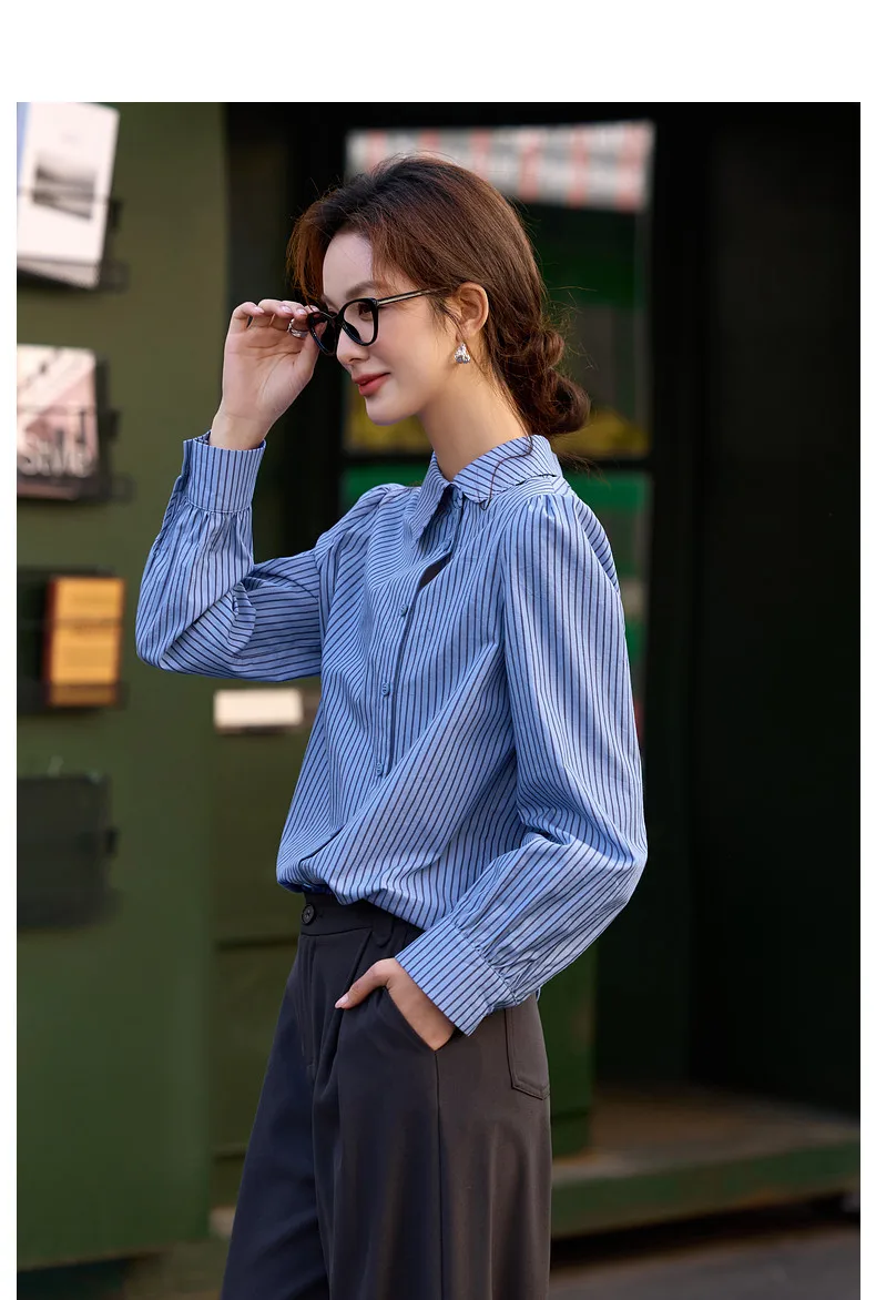 VIMLY Women's Blue Striped Shirt 2026 Spring New Irregular Placket Turn-Down Collar Long Sleeve Top Casual Commute Shirt A3711