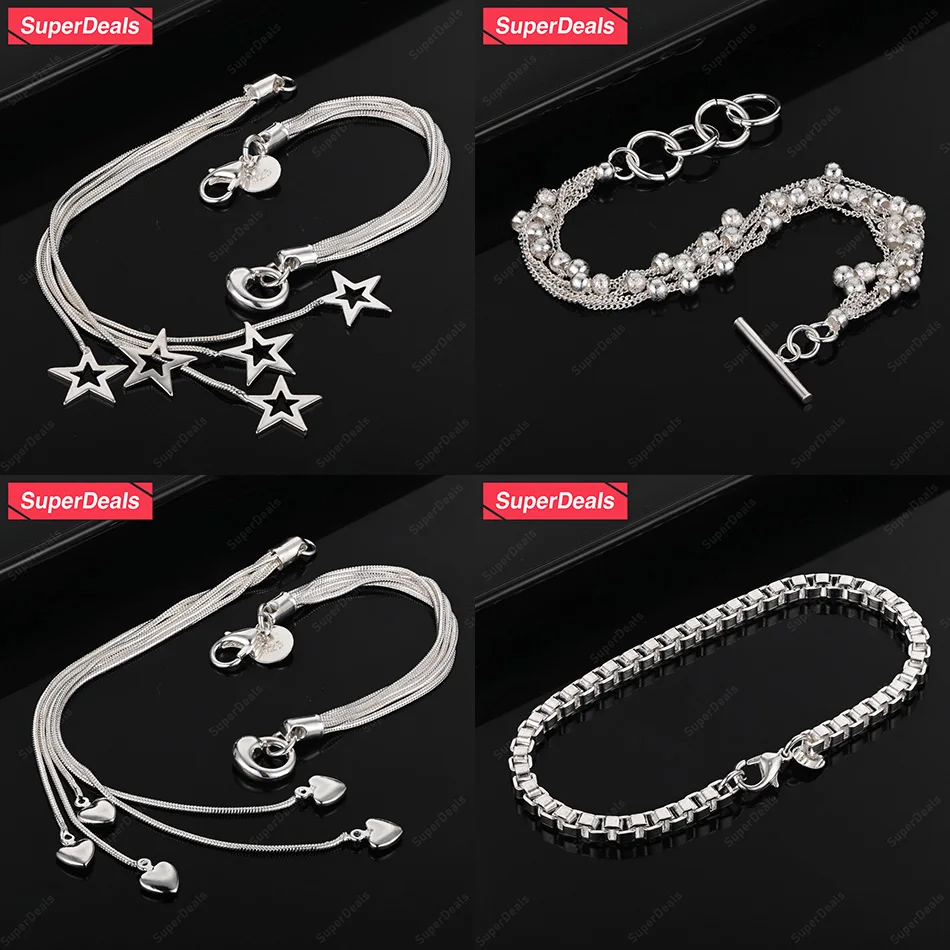 

SuperDeals 925 Sterling Silver Star Heart Beads Box Chain Bracelet Women Party Engagement Wedding Charm Jewelry Cute Gift