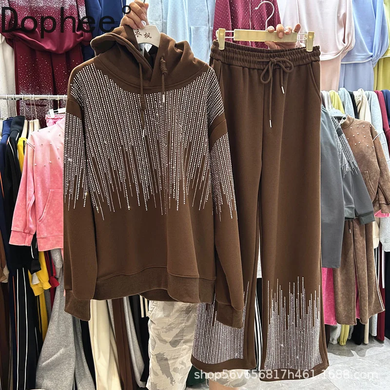 

High Street Women Two-piece Sets Shiny Hot Drilling Long Sleeve Hooded Pullover Top + Elastic Waist Wide Leg Straight Pants