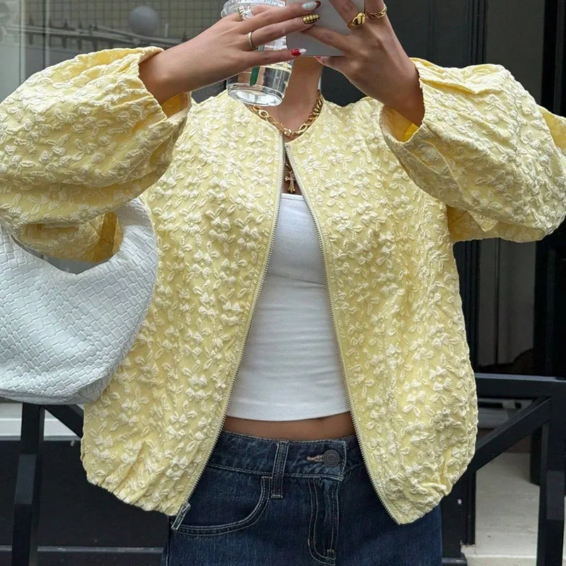 秋のファッション O ネックジャカードジャケット冬エレガントなハイトストリートルーズショートコート女性のカジュアル長袖ジッパーカーディガン