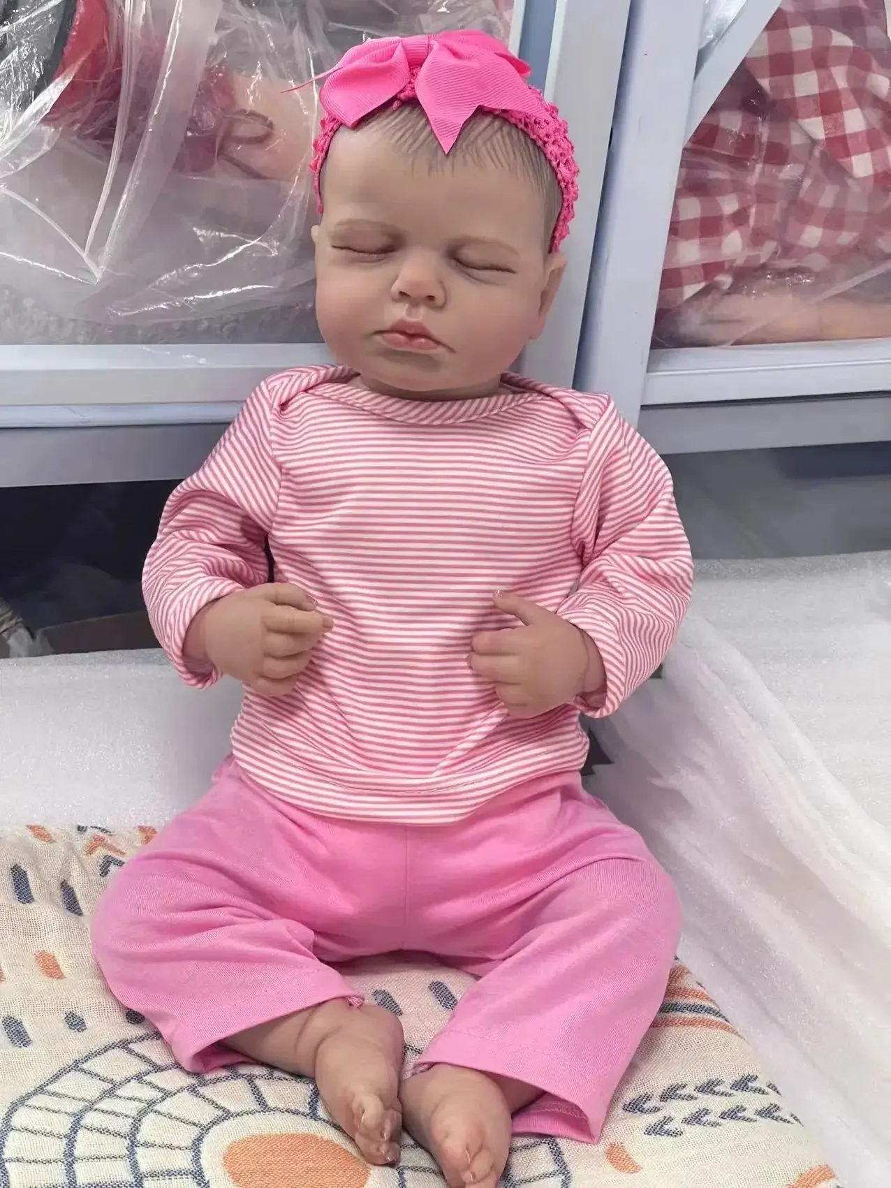 

19inch Loulou Newborn Baby Girl Doll Asleep Soft Cuddly Body Lifelike 3D Skin with Visible Veins Handmade Lifelike Baby Doll Toy