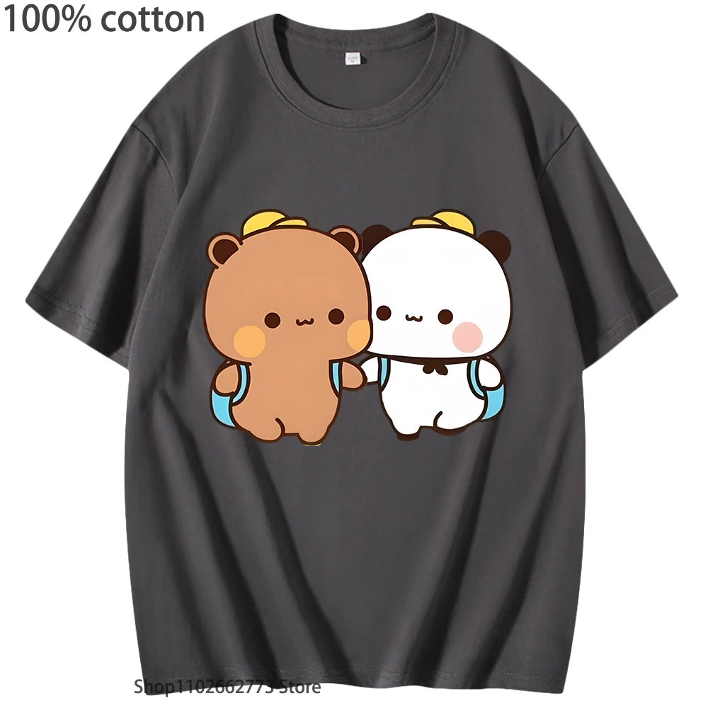 DuDu and BuBu on Vacation T-Shirts Kawaii Panda Bear Print Tshirts Short Sleeveed Y2k Top Summer Women Clothes Men 100% Cotton