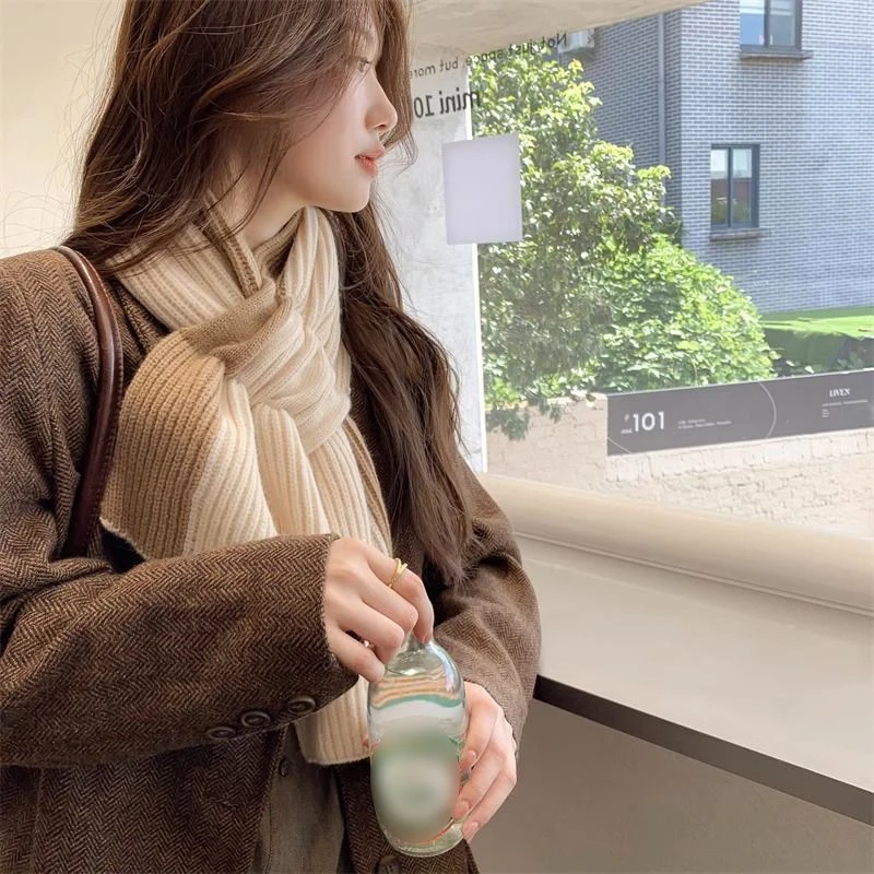 Korean Style Knitted Scarf for Women Girls Autumn Winter Soft Cross Patchwork Colors Scarves Lady Warm Neck Protection New