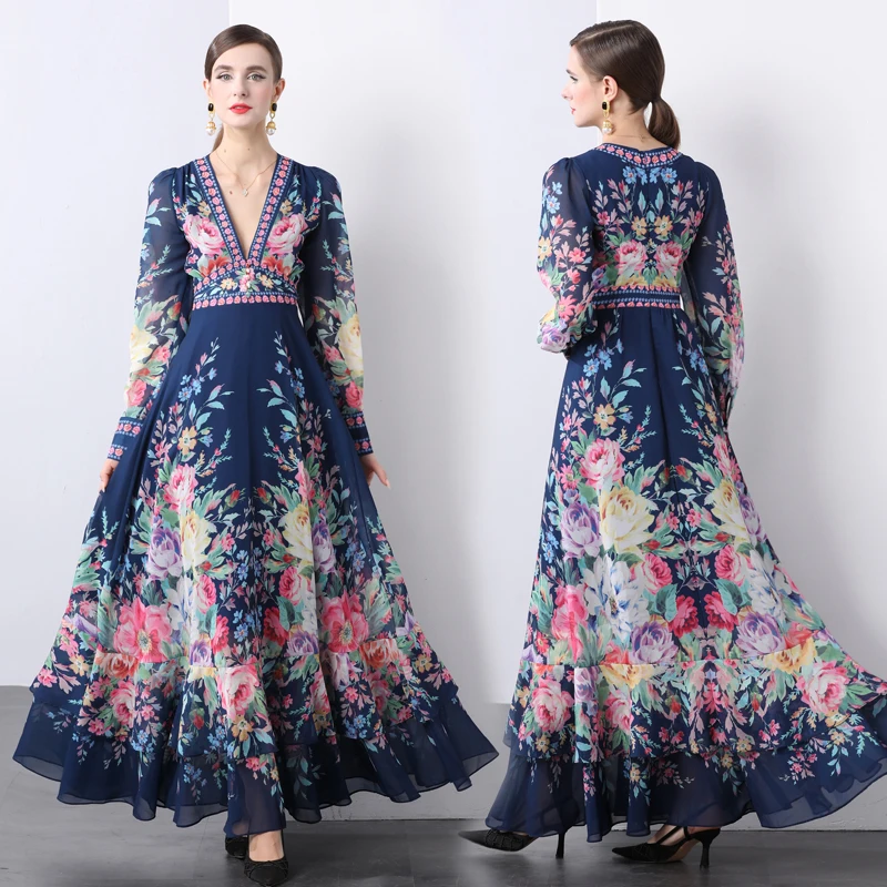 Autumn Flower Print Holiday Long Dress Elegant Women Sexy Deep V Neck High Waist Chiffon Lantern Sleeve Ball Gown Robe Clothes