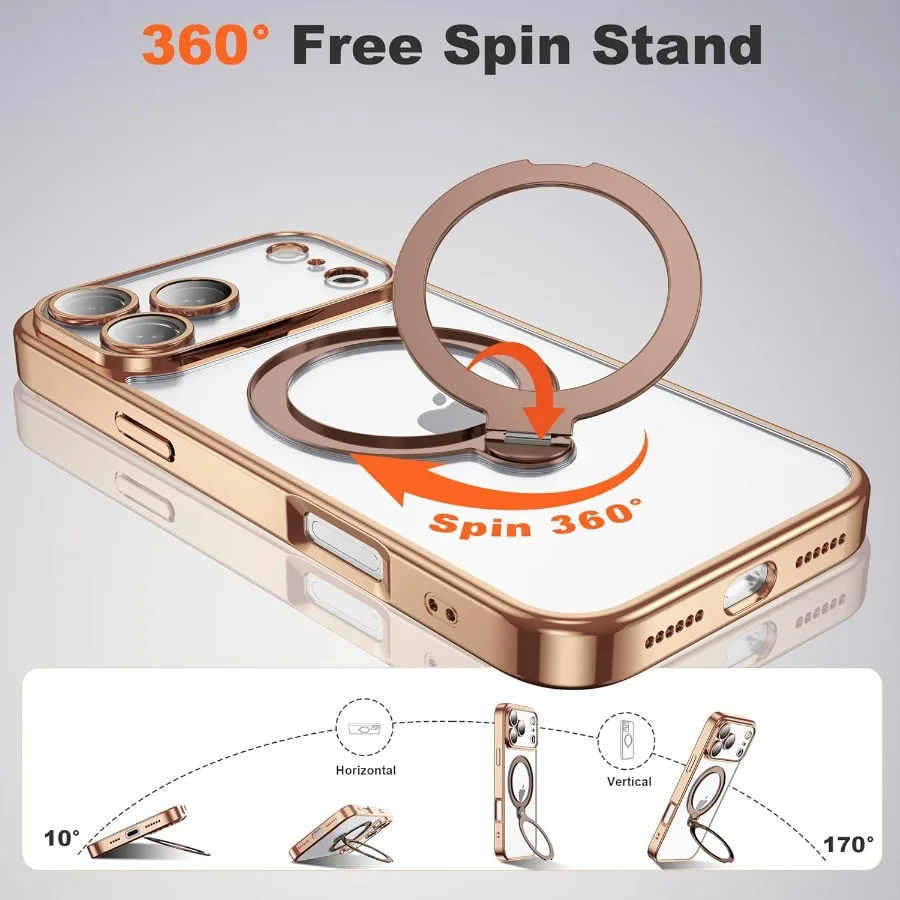 360도 회전 마그네틱 링 스탠드 아이폰 17 프로 케이스 호환 마그세이프 지원 풀 카메라 렌즈 보호 투명 보호 케이스