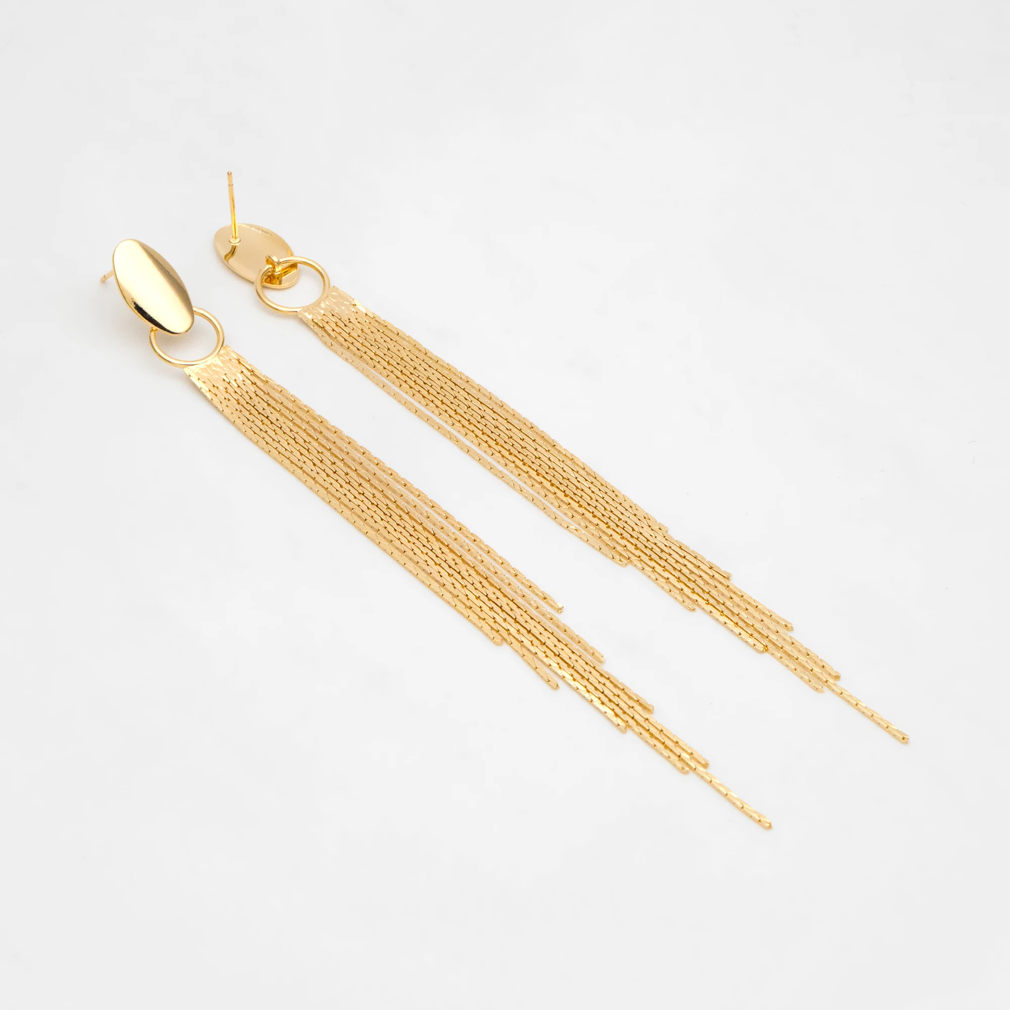 4pcs Oval Disc Tassel Earring, 120mm, 18K Gold Plated Brass Dangling Stud Earring (GB-3485)