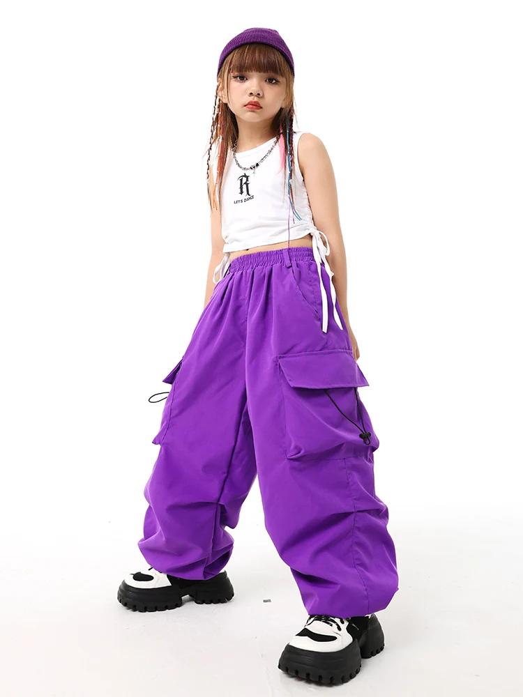 2023 Children'D Day Hip Hop Dance Costumes For Girls White Vest Cargo Pants Suit Kids Walk Show Performance Stage Wear DQS13743