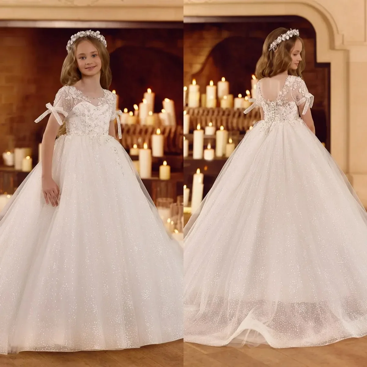 Customized Tulle Flower Girl Dresses For Wedding Lace Appliqued Beading Bow Birthday Party Gowns Customized First Communion Dres