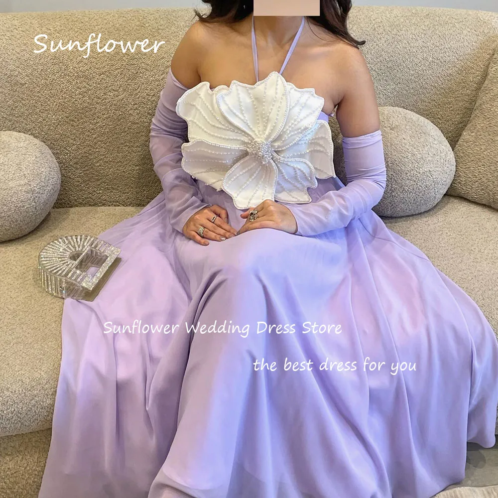 Sunflower Purple Simple Halter 3D Flowers Beading A-LINE Evening Dress Saudi Arabia 2024 Slim Chiffon Floor-Length Prom Dress