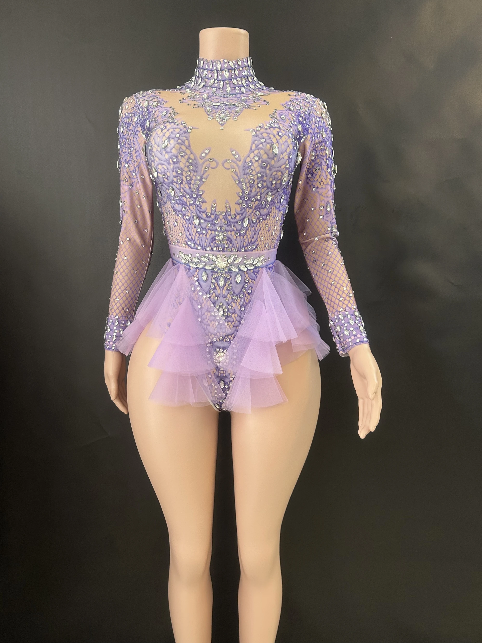 Strass cintilante mulheres elasticidade bodysuit, malha babados, cristal leotard, boate bailarina fantasia, desgaste do palco, roupa de festa, rosa,