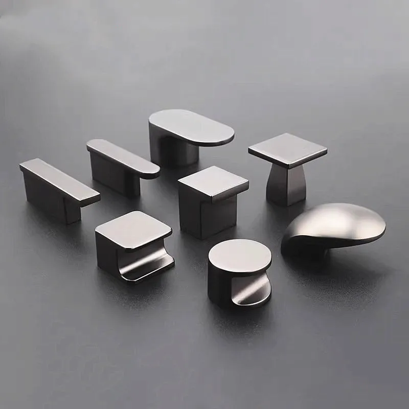 2pcs Grey Zinc Alloy Cabinet Door Handle Modern Desk Drawer Knobs Furniture Hardware Single Hole Pulls Kitchen Drawer Handles
