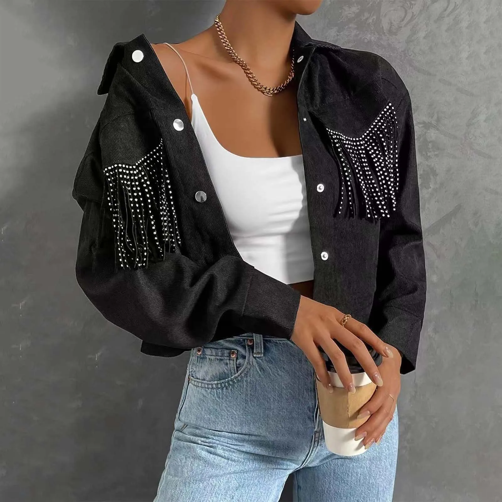 

Women's Winter Fringe Lapel Short Top Jacket Club Street Wear Fashion Cropped Jackets Cool Girl Trendy Tops Casual Women's Coat