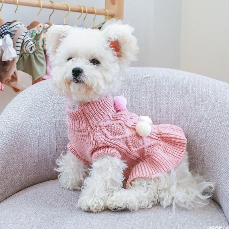 1PC Pet Clothing Cat Pink Pullover Elastic Ball Woolen Skirt Sweater Suitable for Small and Medium Dogs