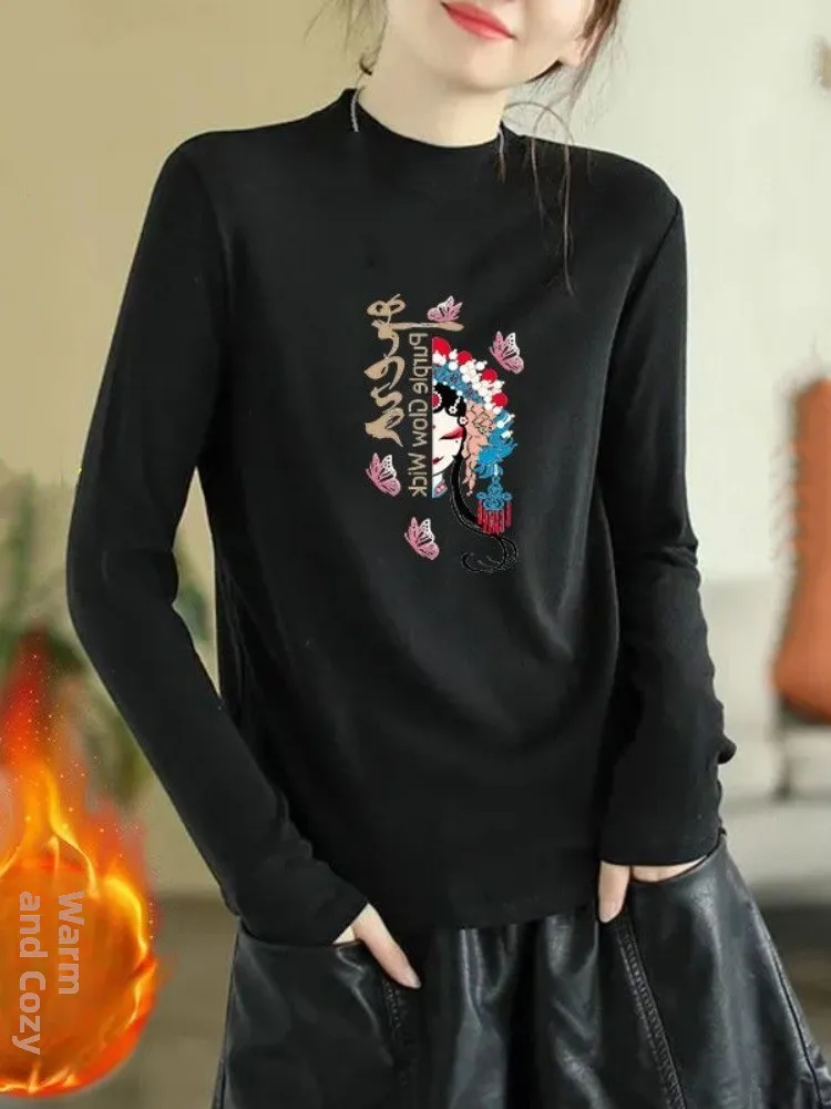 

Women's Loose Fit Half High Neck T-Shirt Double Sided Flocking Artistic Retro Style Autumn Winter Base Layer Coat